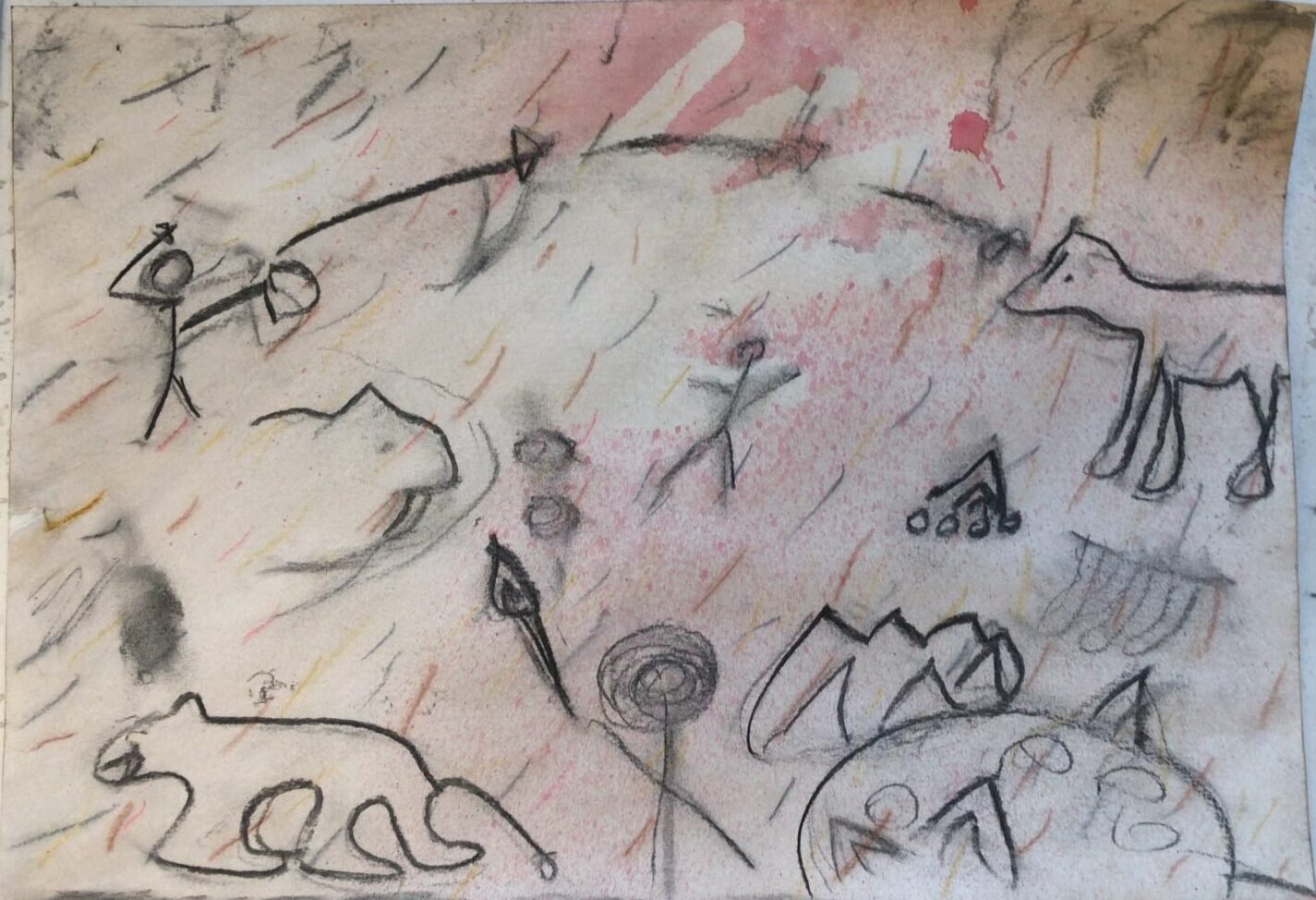 Steinzeitbild. Kohle, Farbe